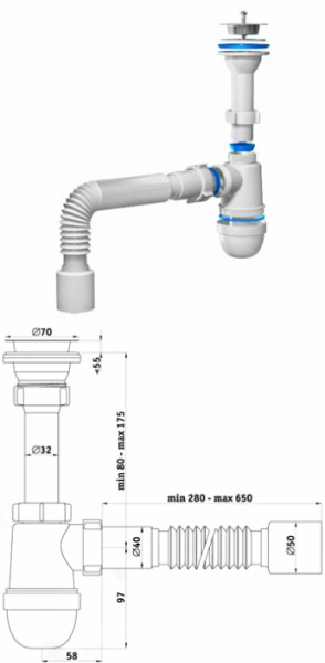 Сифон АНИ-Пласт 1 1/2"* 40 с гибкой трубой 40х50 (35) (C0510) 