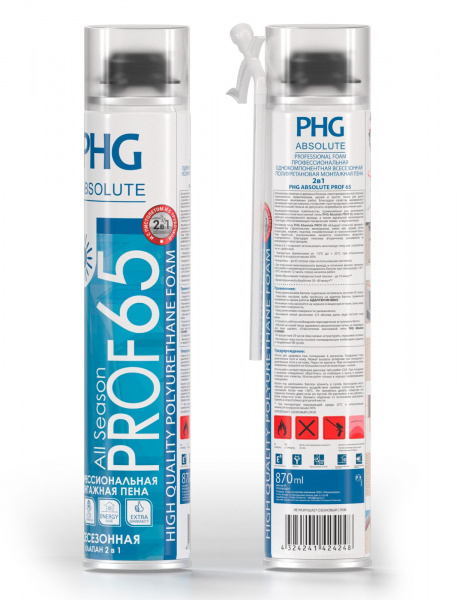 Пена монтажная PHG Absolute PROF 65  профессиональная 2в1 (870мл) (910гр) (12/960) (242414/1) 