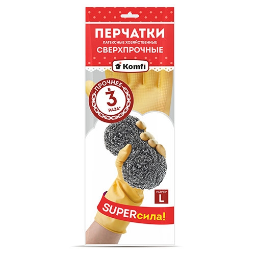 Перчатки латексные натуральные хозяйственные СВЕРХПРОЧНЫЕ Komfi  М (144) 
