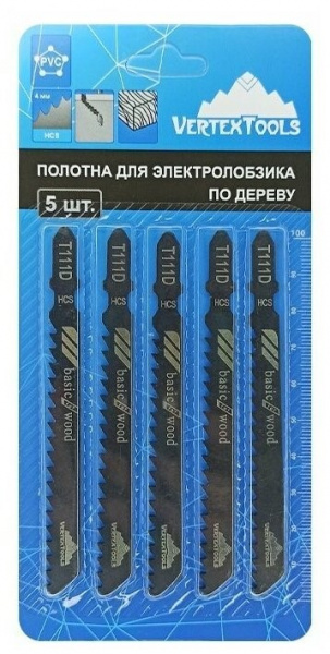 Пилка для лобзика по дереву T111D шаг 4мм (упаковка 5шт) "VERTEX" (T111D) 