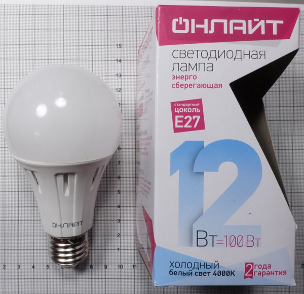 "ОНЛАЙТ" Лампа светодиодная LED 12вт Е27 4К белый ЛОН А60 (100) (71655) 